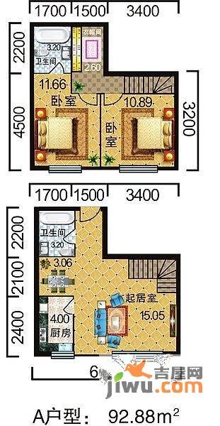 地旺国际2室2厅2卫98.9㎡户型图