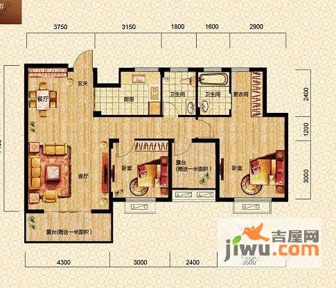 富兴湖畔欣城2室2厅2卫102.7㎡户型图