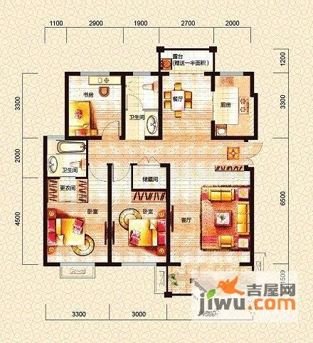 富兴湖畔欣城3室2厅2卫119.6㎡户型图