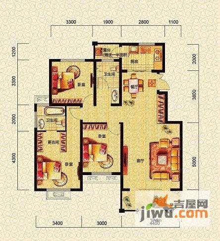 富兴湖畔欣城3室2厅2卫113.2㎡户型图