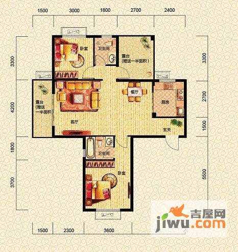 富兴湖畔欣城2室2厅2卫102.7㎡户型图