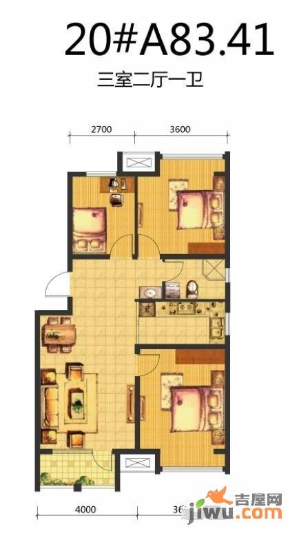 荣盛锦绣天地3室2厅1卫83.4㎡户型图