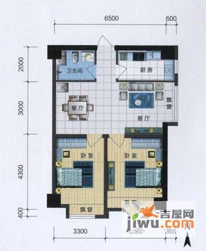 中海寰宇天下天钻2室2厅1卫75.8㎡户型图