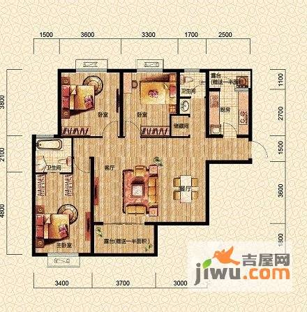 富兴湖畔欣城3室2厅2卫124.6㎡户型图