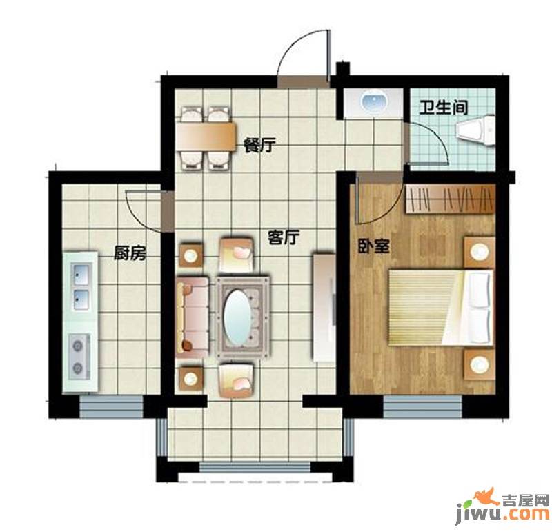 新水湾河畔花园1室2厅1卫58㎡户型图