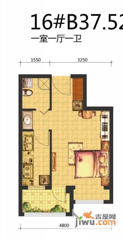 荣盛锦绣天地1室1厅1卫37.5㎡户型图