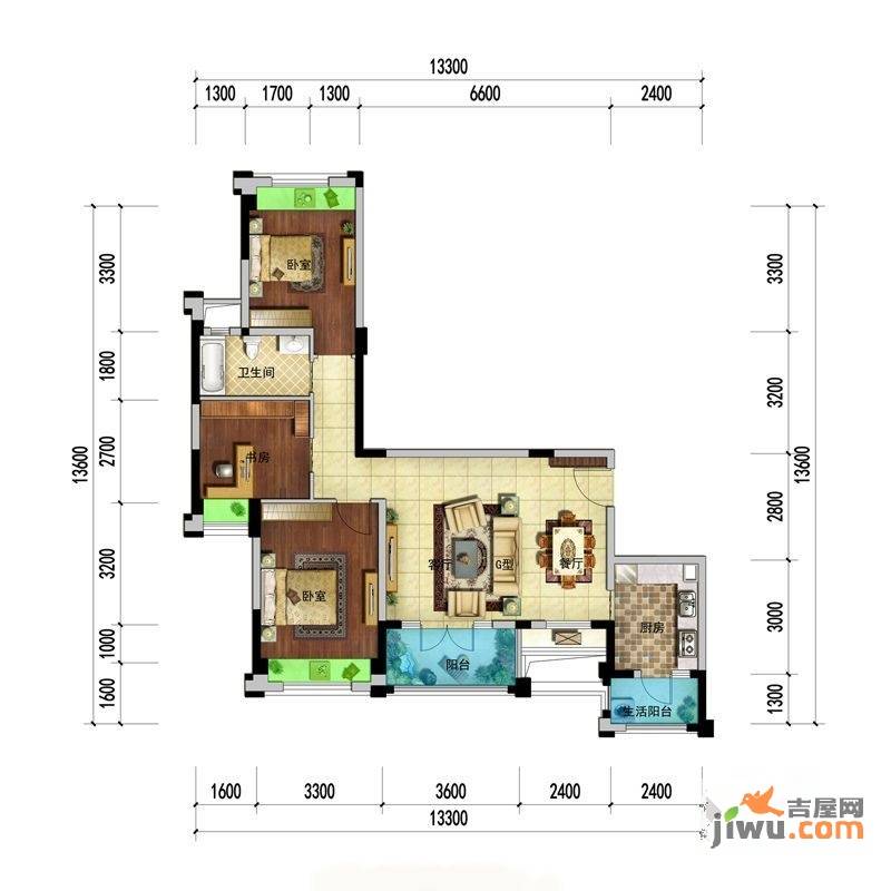 海棠公馆3室2厅2卫99.3㎡户型图