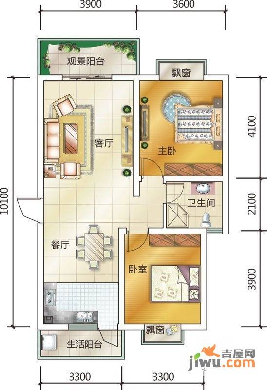 金港上品2室2厅1卫88.1㎡户型图