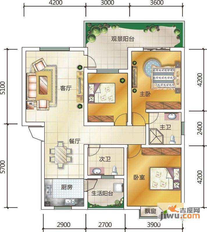 金港上品3室2厅2卫121.3㎡户型图