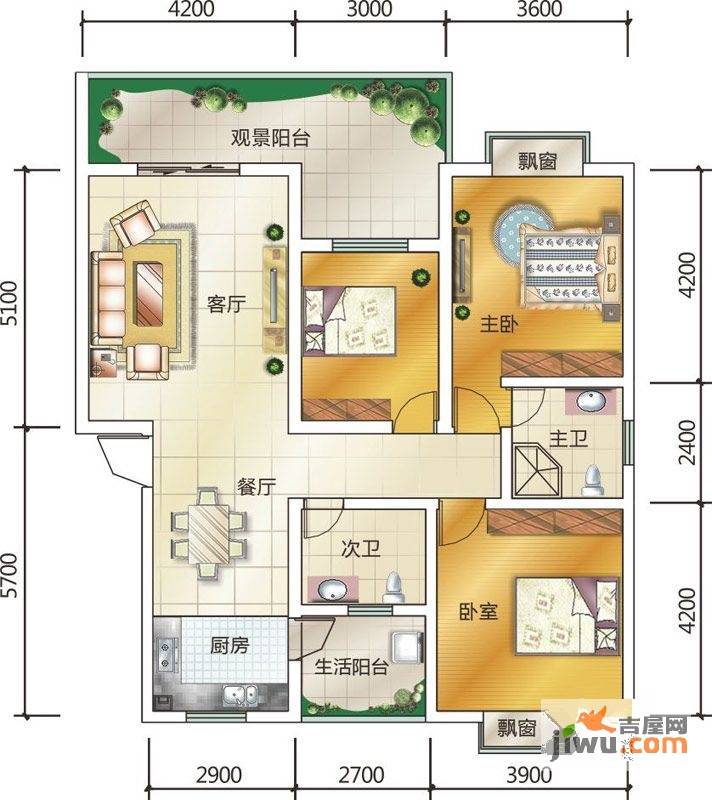 金港上品3室2厅2卫121.3㎡户型图