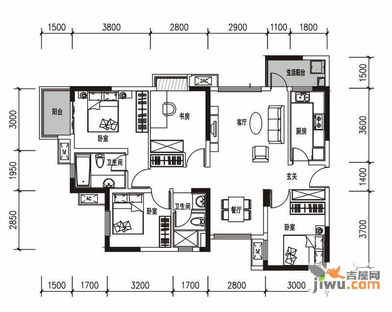 万科金色领域4室2厅2卫118㎡户型图