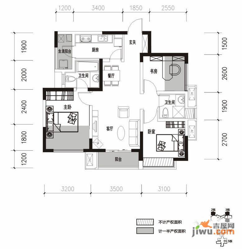 万科金色领域3室2厅2卫91㎡户型图