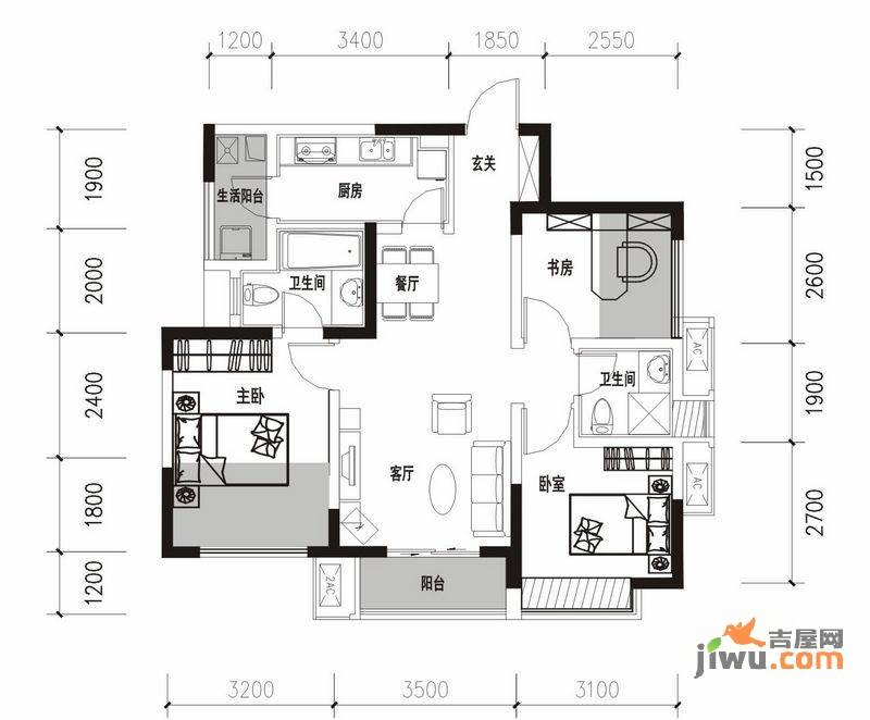 万科金色领域3室2厅2卫91㎡户型图