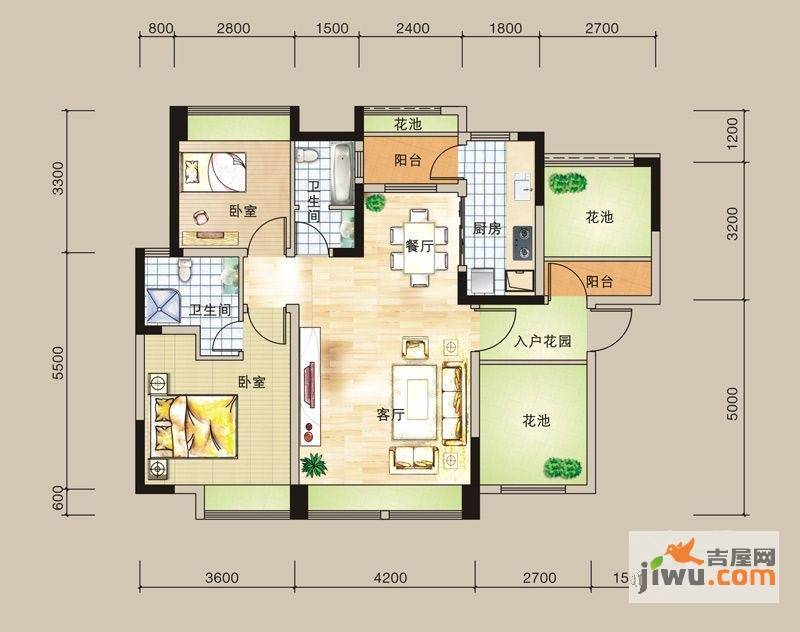 时代水岸康城2室2厅2卫89.4㎡户型图