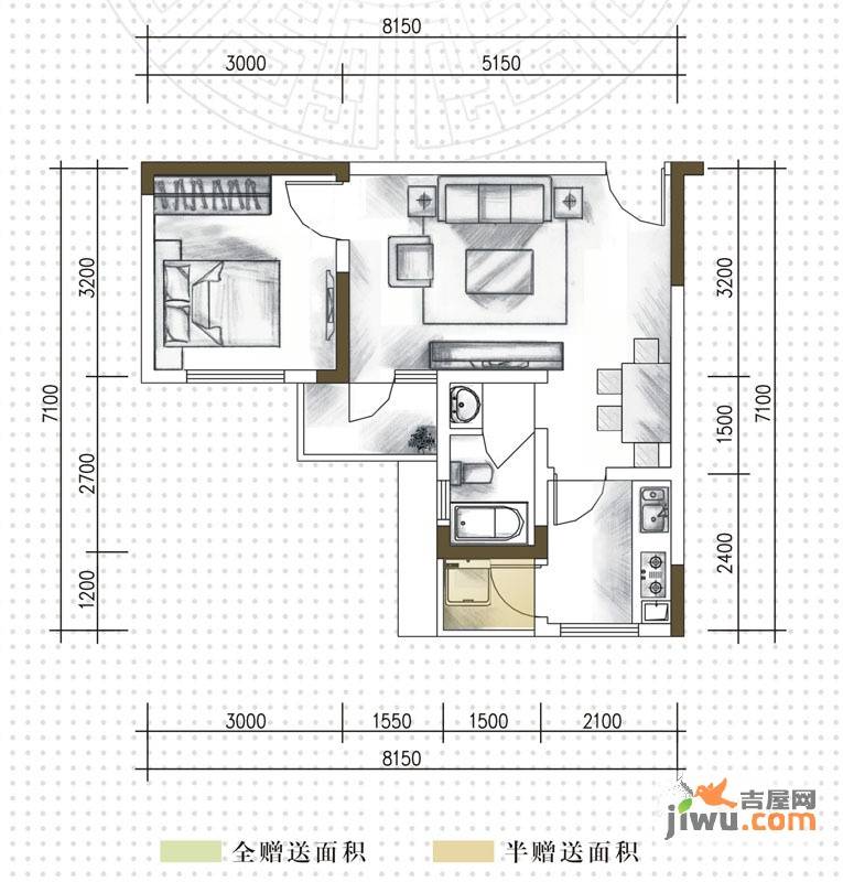 竹林尚书1室2厅1卫48.5㎡户型图