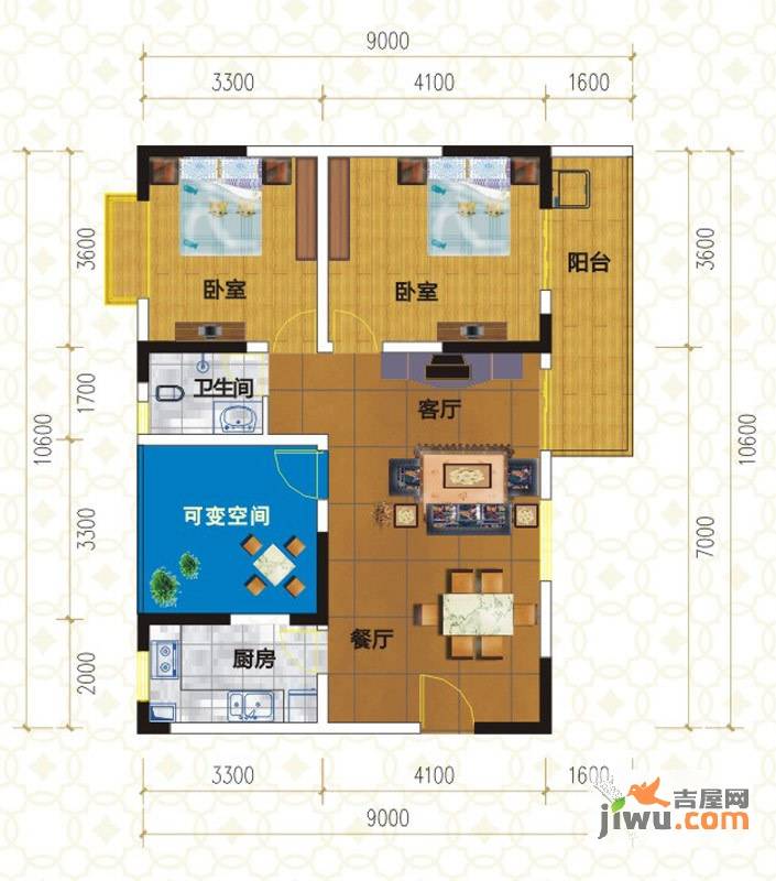 天府香城印象2室2厅1卫91.4㎡户型图