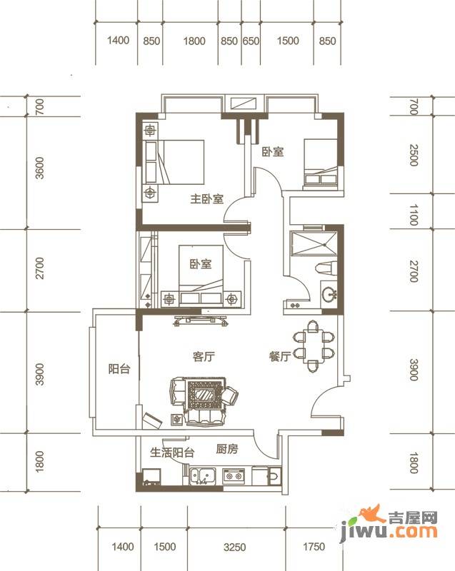 金沙柏林郡3室2厅1卫85㎡户型图