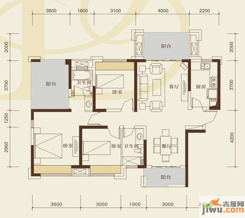 保利中心3室2厅2卫125.7㎡户型图