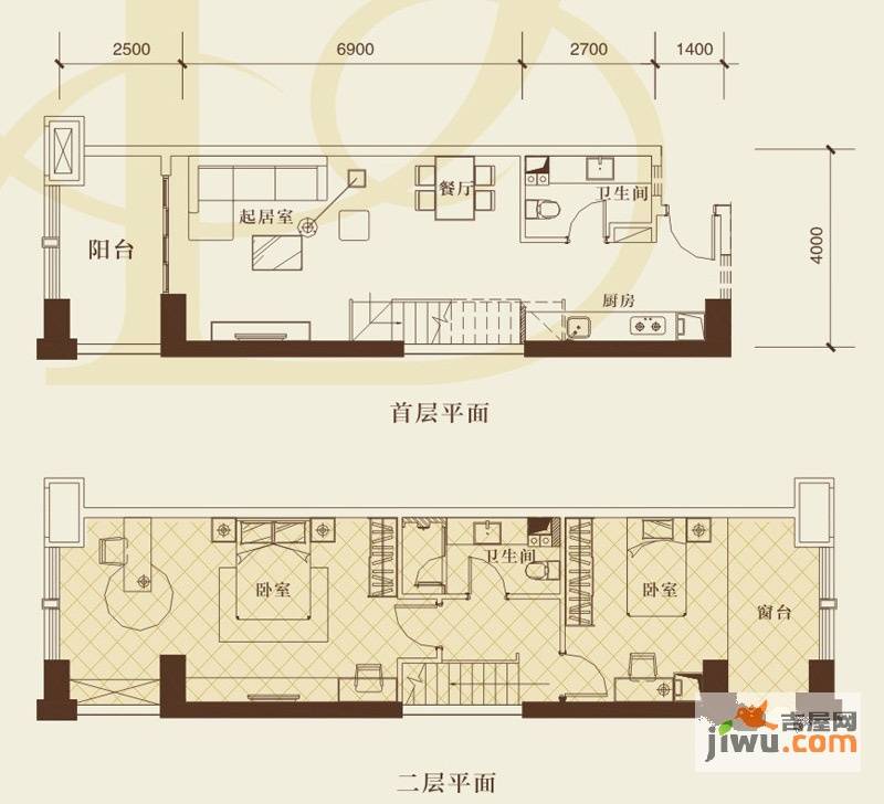 保利中心2室2厅2卫65.6㎡户型图