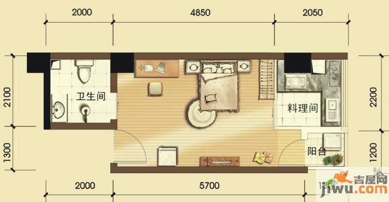 正成翡翠琉璃1室1厅1卫34.5㎡户型图