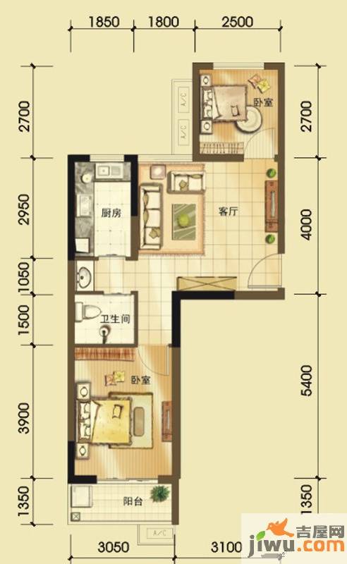 正成翡翠琉璃2室2厅1卫64.1㎡户型图