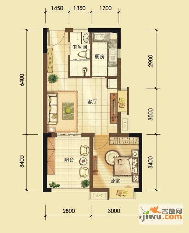 正成翡翠琉璃1室1厅1卫57.4㎡户型图