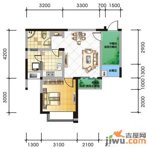 榕树岭1室1厅1卫43.1㎡户型图