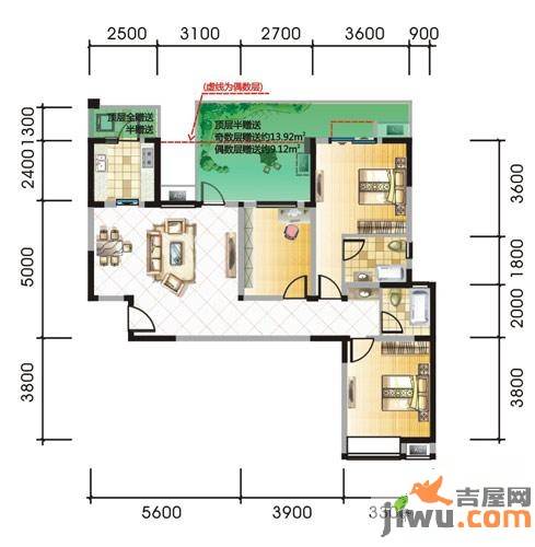 榕树岭3室2厅2卫115㎡户型图