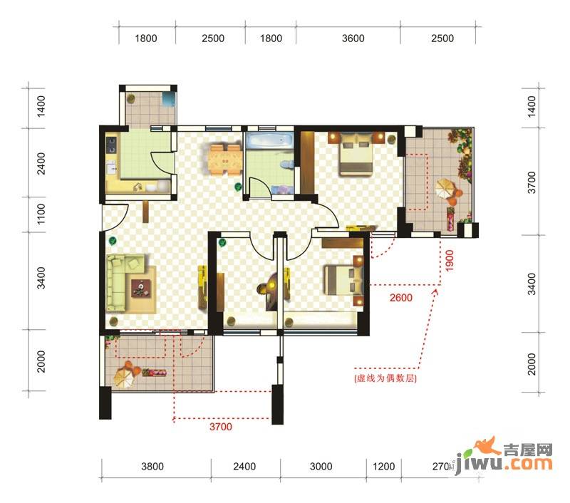 榕树岭3室2厅1卫85.8㎡户型图