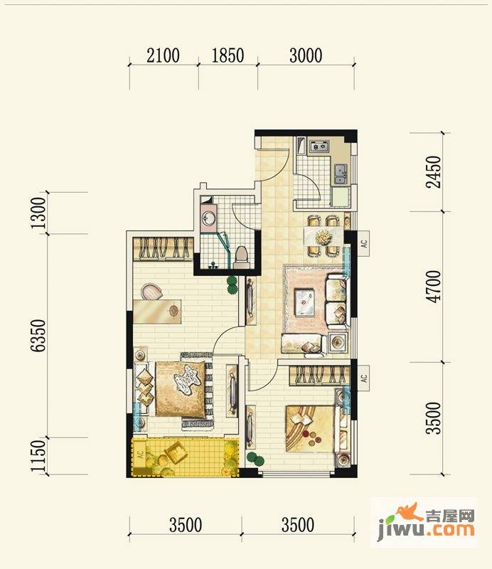 蓝光云鼎2室1厅1卫65㎡户型图