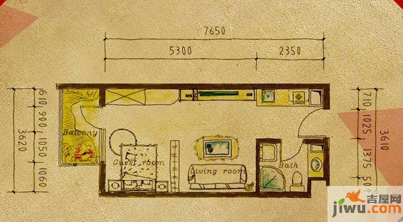 鑫苑名家二期1室2厅1卫45㎡户型图