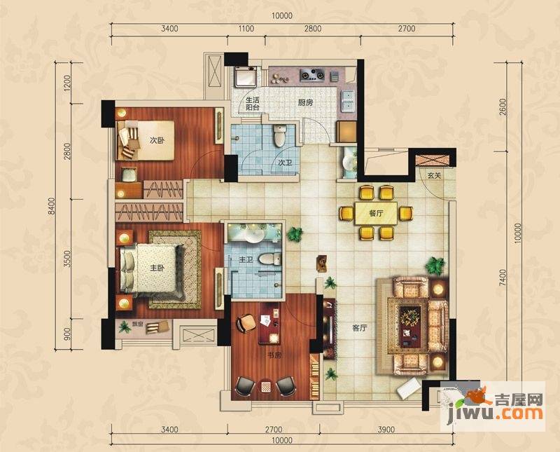 正成城市乐章3室2厅2卫90.3㎡户型图