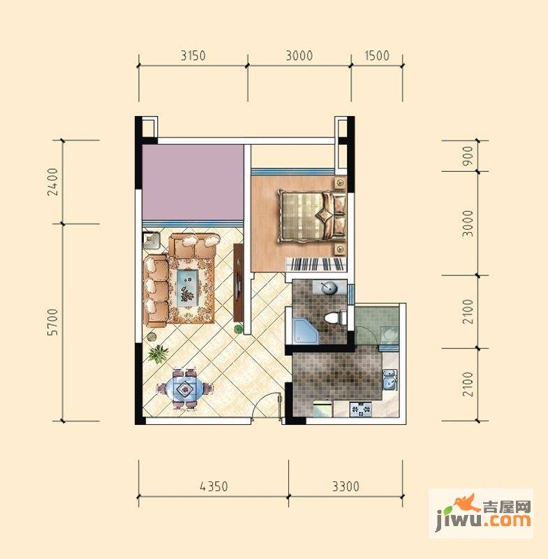 华宜铂仕公馆1室2厅1卫56㎡户型图