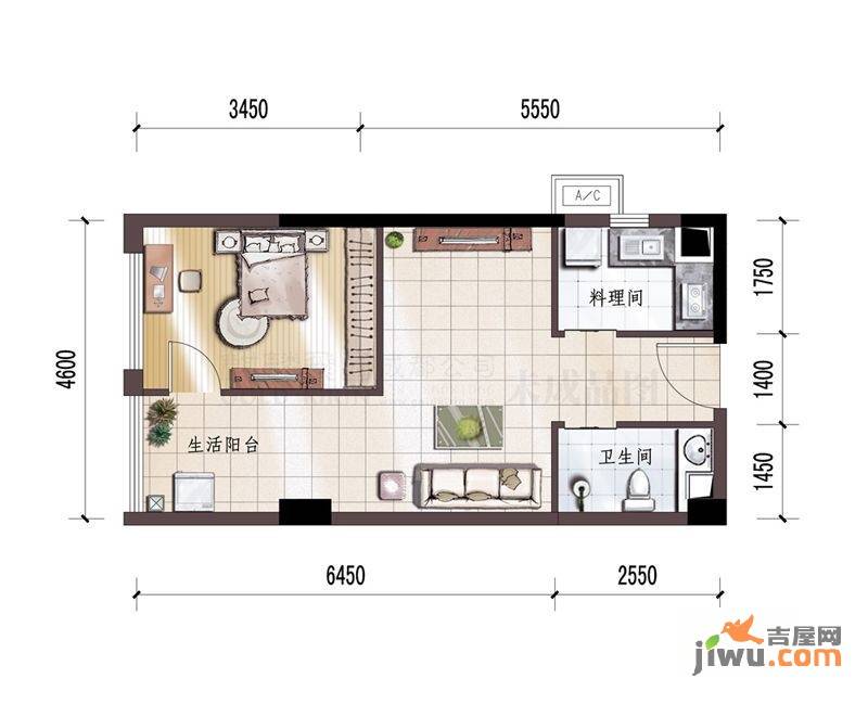 正成翡翠琉璃1室1厅1卫55.1㎡户型图