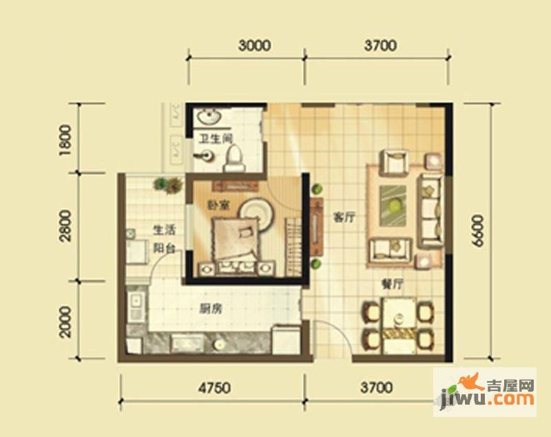 正成翡翠琉璃1室1厅1卫64.8㎡户型图