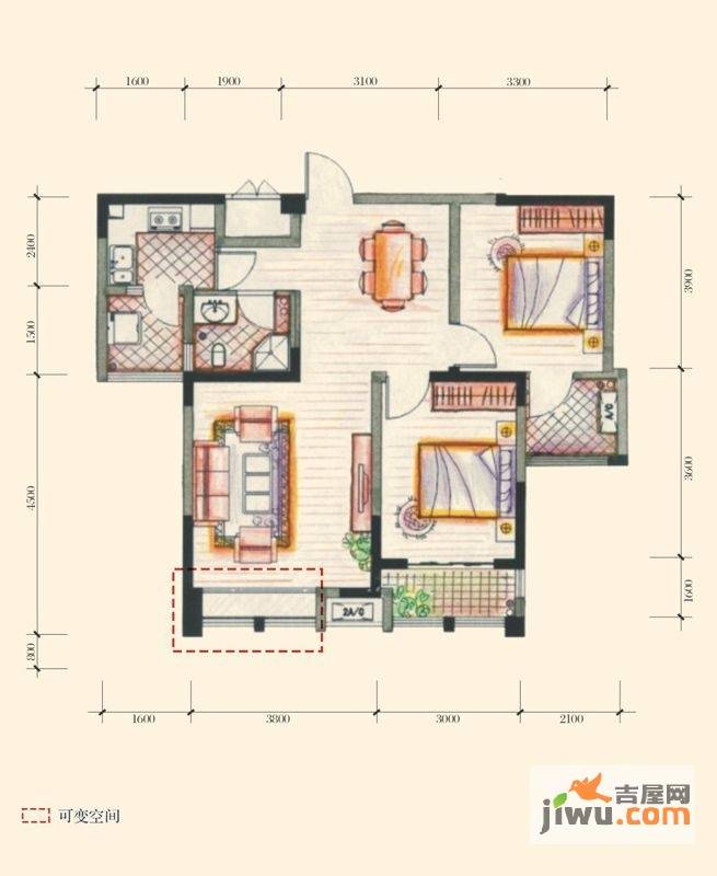 都江华府2室2厅1卫79㎡户型图