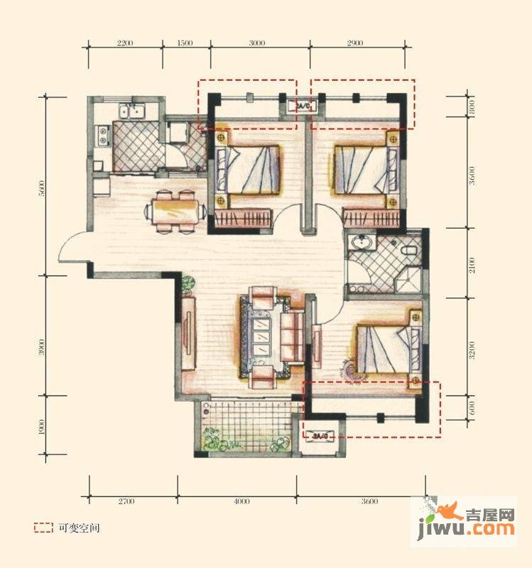 都江华府3室2厅1卫95㎡户型图