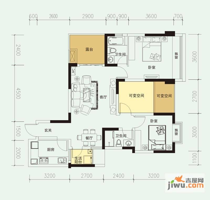 沙河壹号一期3室2厅2卫92㎡户型图