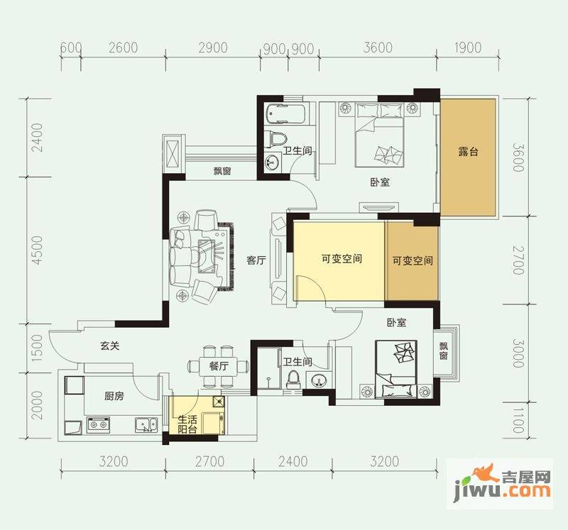 沙河壹号一期3室2厅2卫92㎡户型图