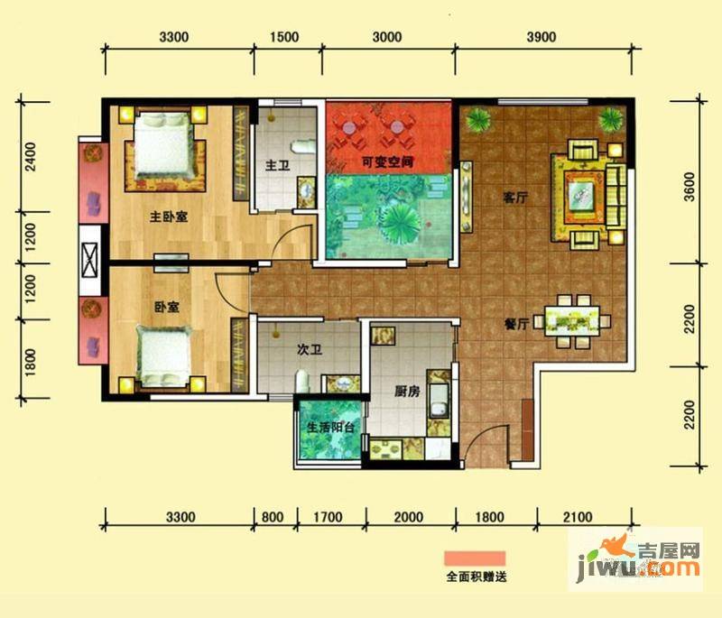 润洲华府2室2厅2卫82.6㎡户型图