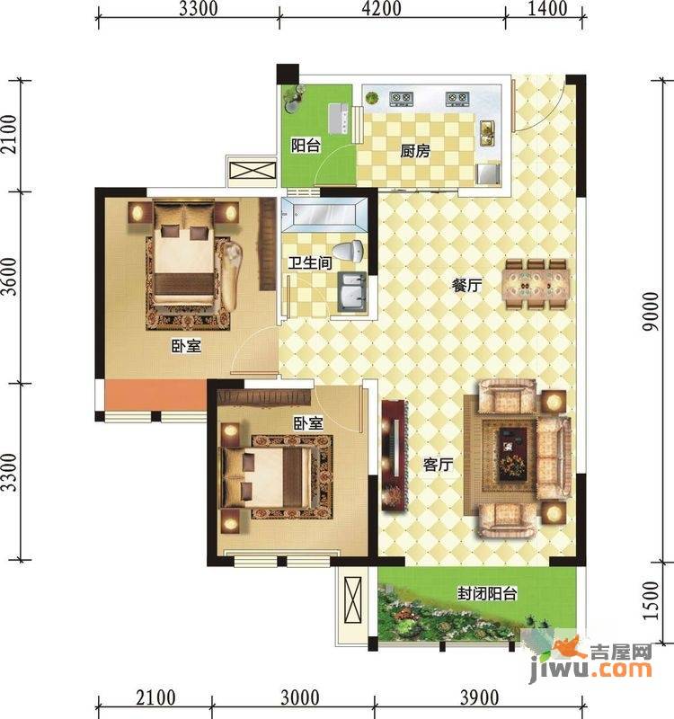 润洲金外滩2室2厅1卫88.7㎡户型图