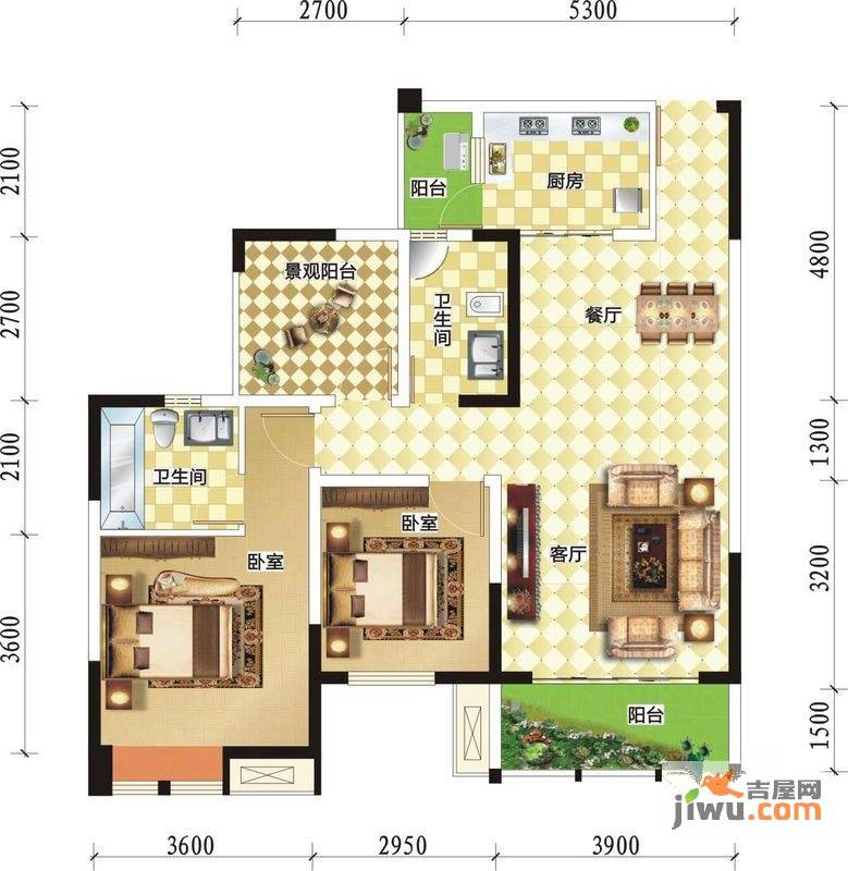 润洲金外滩2室2厅2卫103.4㎡户型图