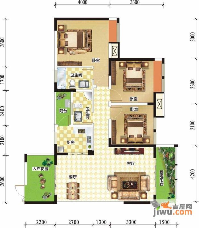 润洲金外滩3室2厅2卫116.1㎡户型图