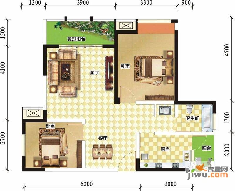 润洲金外滩2室2厅1卫78.7㎡户型图