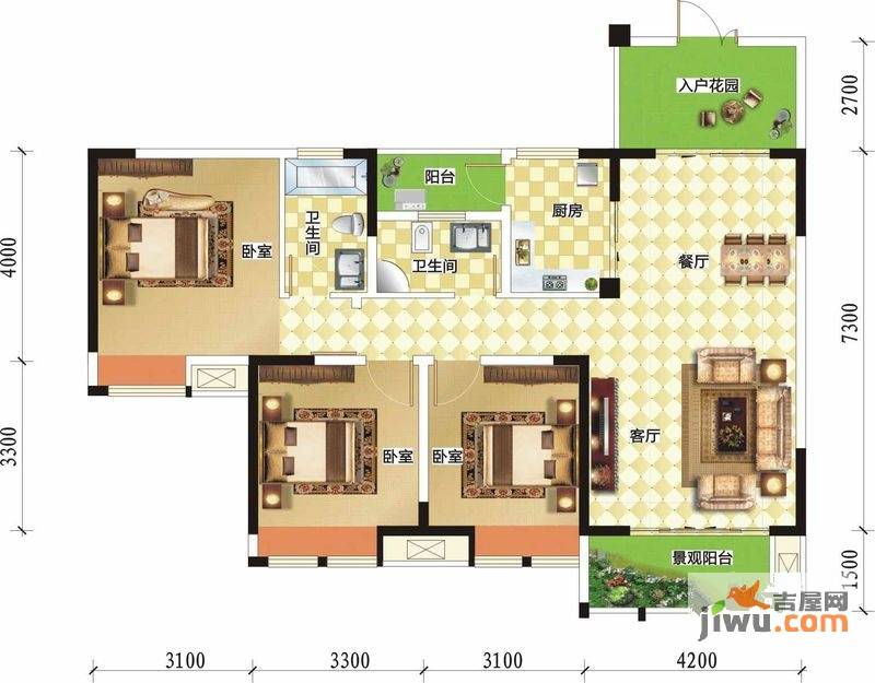 润洲金外滩3室2厅2卫116.2㎡户型图