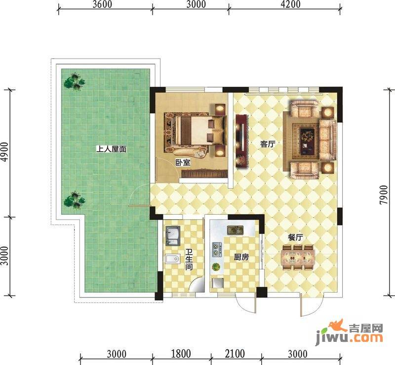 润洲金外滩1室1厅1卫68.1㎡户型图