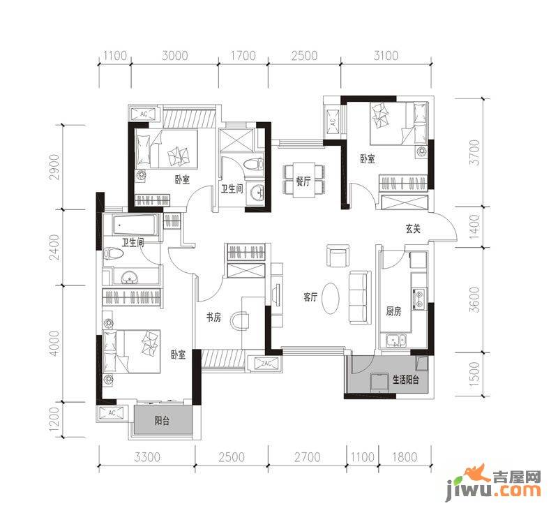 万科金色领域4室2厅2卫118㎡户型图