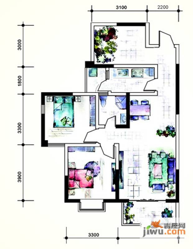 常青藤二期2室2厅1卫91㎡户型图