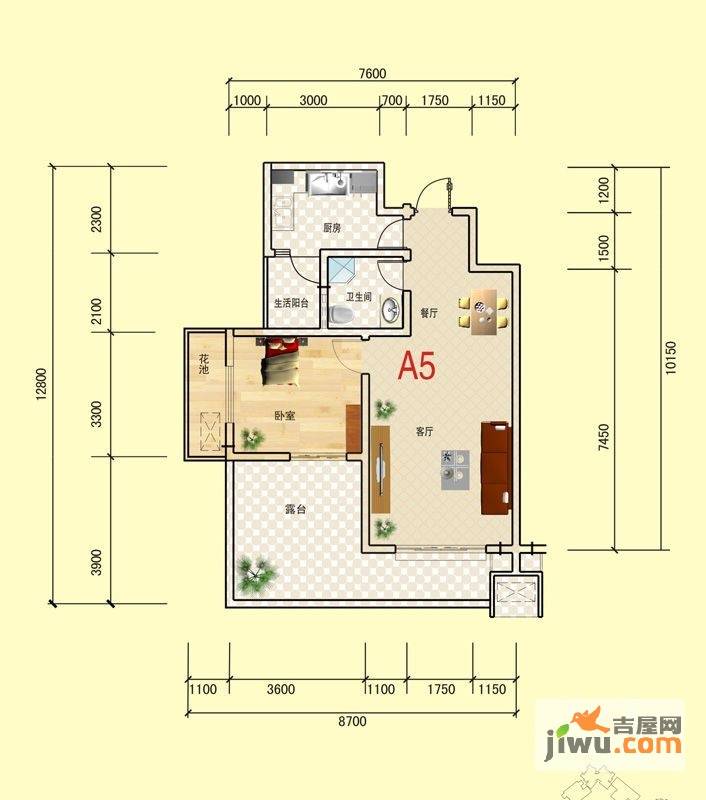 春江花苑1室2厅1卫64.5㎡户型图