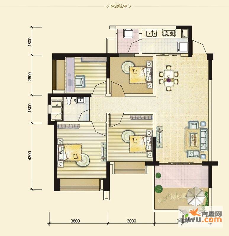 万景峰4室2厅1卫91㎡户型图